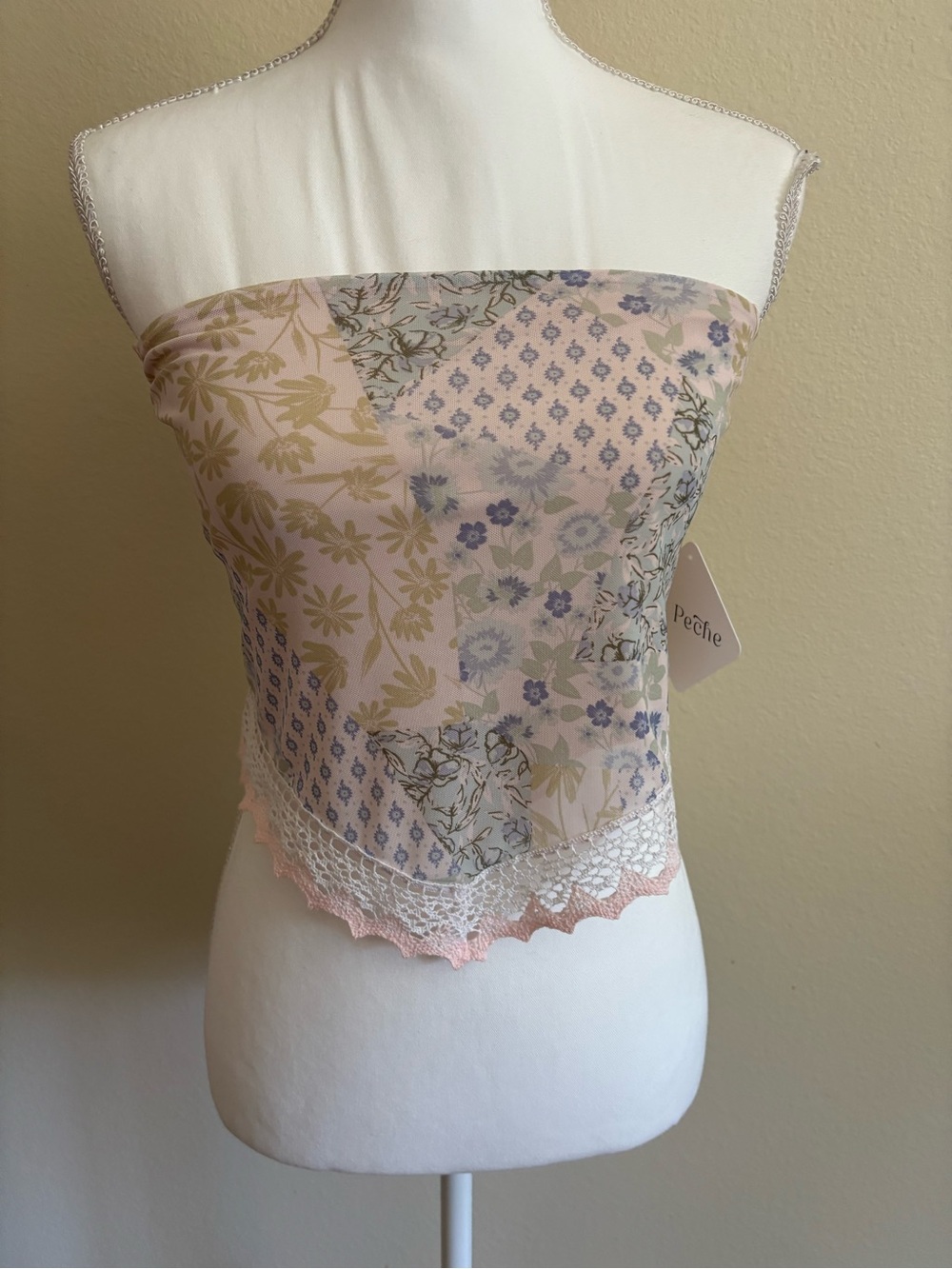 Peche Floral Patchwork Lace Trim Scarf Top - Pastel Pink